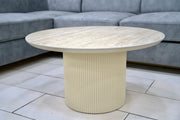 TABLE BASSE RONDE CALYPSO EFFET TRAVERTIN / PIED BEIGE