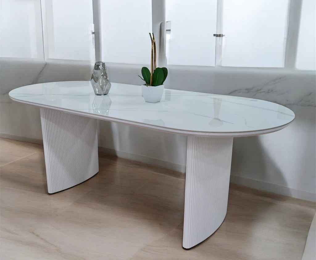 TABLE REPAS JOSÉPHINE EFFET MARBRÉ / PIEDS BLANC