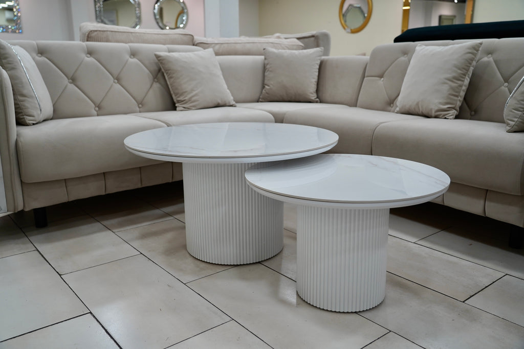TABLE BASSE GIGOGNE LIVIA EFFET MARBRÉ / PIEDS BLANC