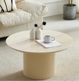 TABLE BASSE RONDE CALYPSO EFFET TRAVERTIN / PIED BEIGE