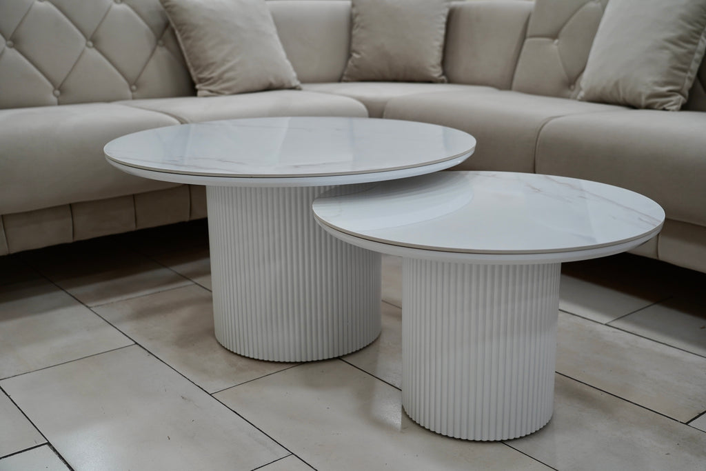 TABLE BASSE GIGOGNE LIVIA EFFET MARBRÉ / PIEDS BLANC