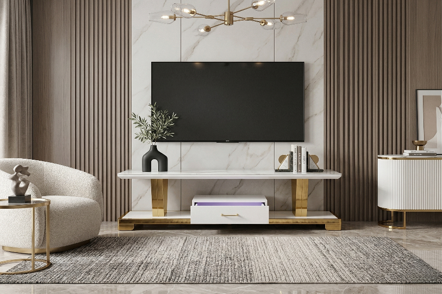 MEUBLE TV 602 EFFET MARBRÉ / PIEDS DORÉ