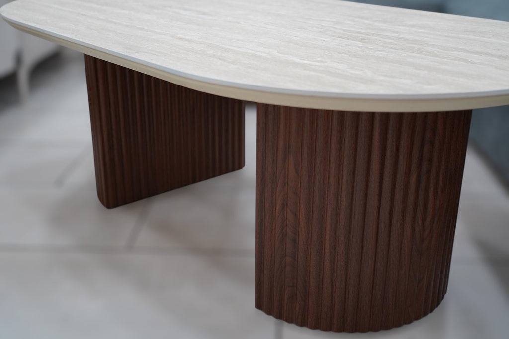 TABLE BASSE CALYPSO EFFET TRAVERTIN / PIEDS NOYER