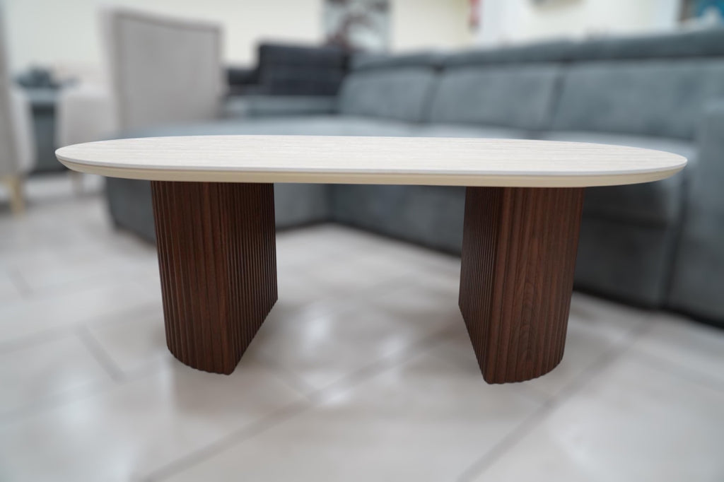 TABLE BASSE CALYPSO EFFET TRAVERTIN / PIEDS NOYER