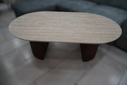 TABLE BASSE CALYPSO EFFET TRAVERTIN / PIEDS NOYER