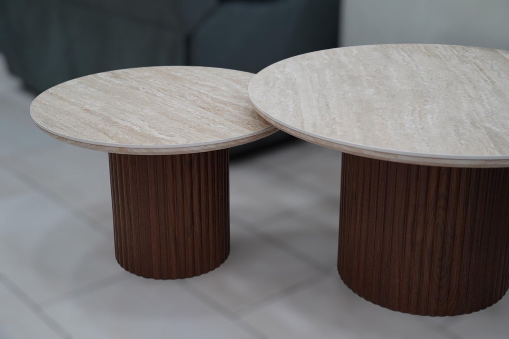 TABLE BASSE GIGOGNE CALYPSO EFFET TRAVERTIN / PIEDS NOYER