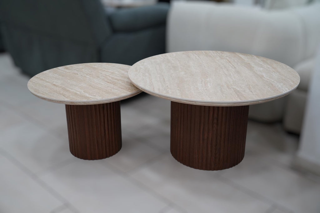 TABLE BASSE GIGOGNE CALYPSO EFFET TRAVERTIN / PIEDS NOYER