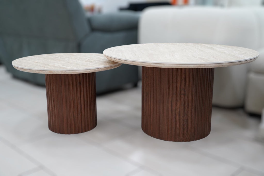 TABLE BASSE GIGOGNE CALYPSO EFFET TRAVERTIN / PIEDS NOYER