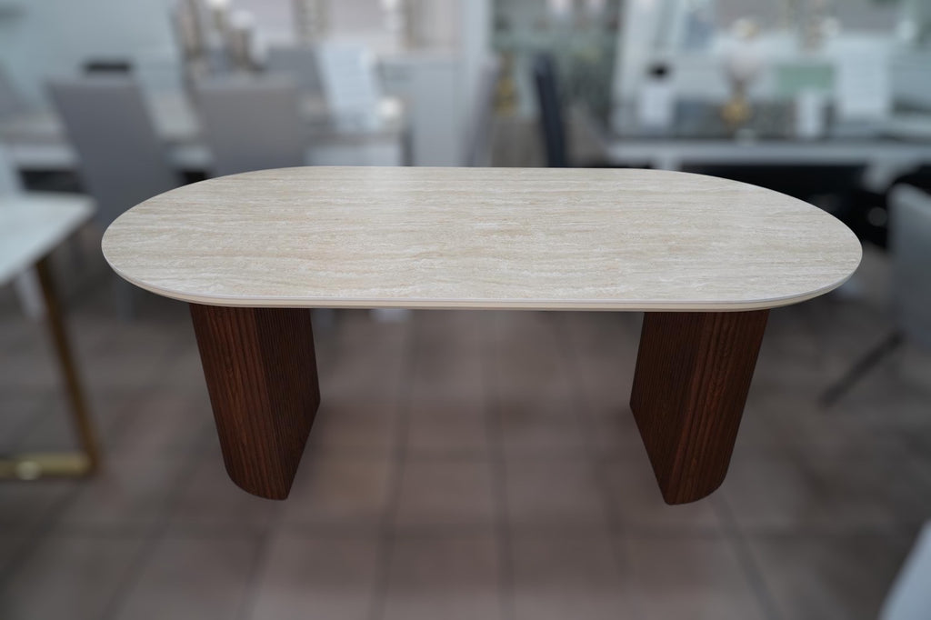 TABLE REPAS CALYPSO EFFET TRAVERTIN / PIEDS NOYER