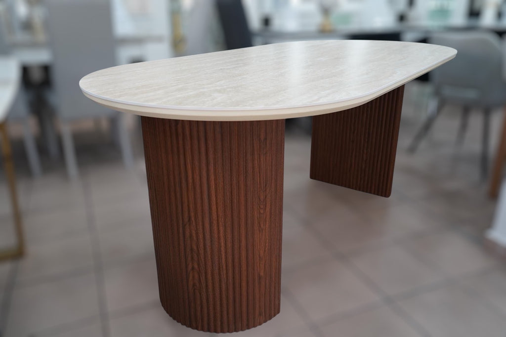 TABLE REPAS CALYPSO EFFET TRAVERTIN / PIEDS NOYER