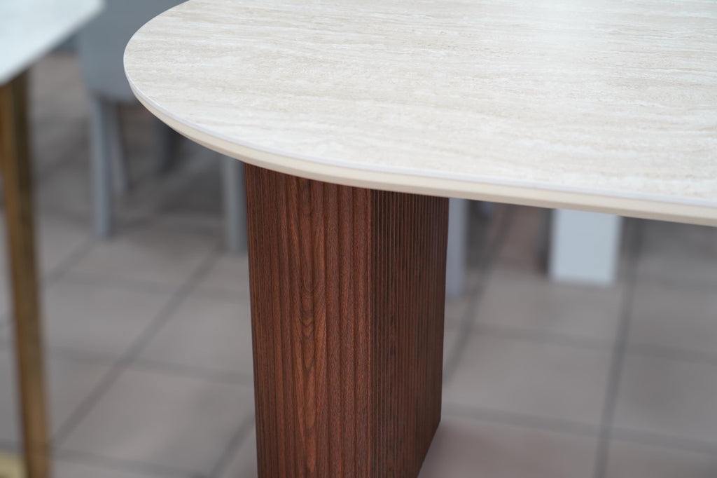 TABLE REPAS CALYPSO EFFET TRAVERTIN / PIEDS NOYER