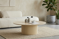 TABLE BASSE RONDE CALYPSO EFFET TRAVERTIN / PIED BEIGE