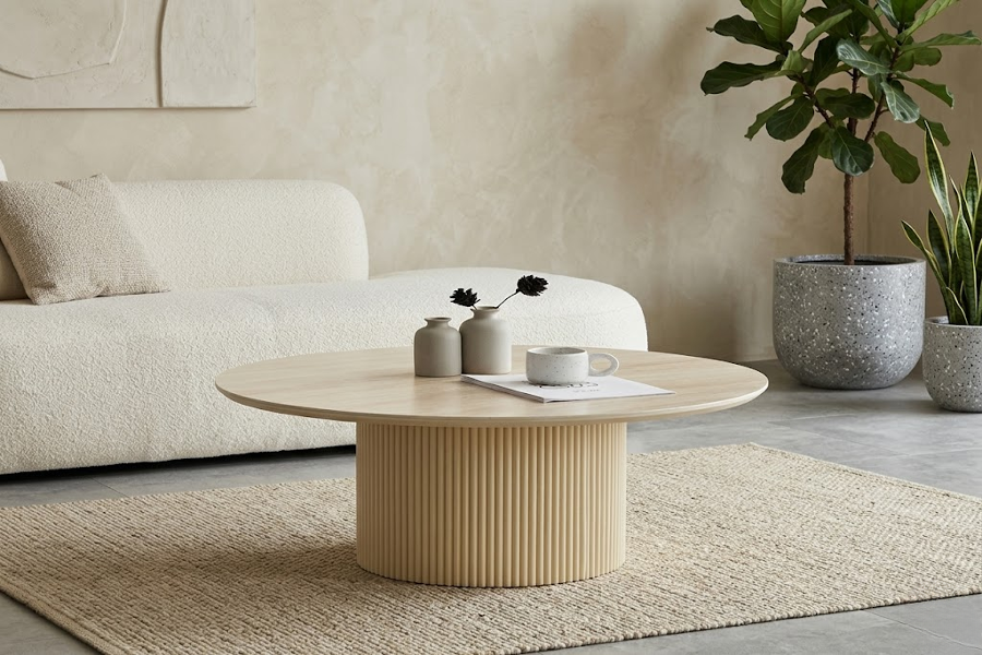 TABLE BASSE RONDE CALYPSO EFFET TRAVERTIN / PIED BEIGE