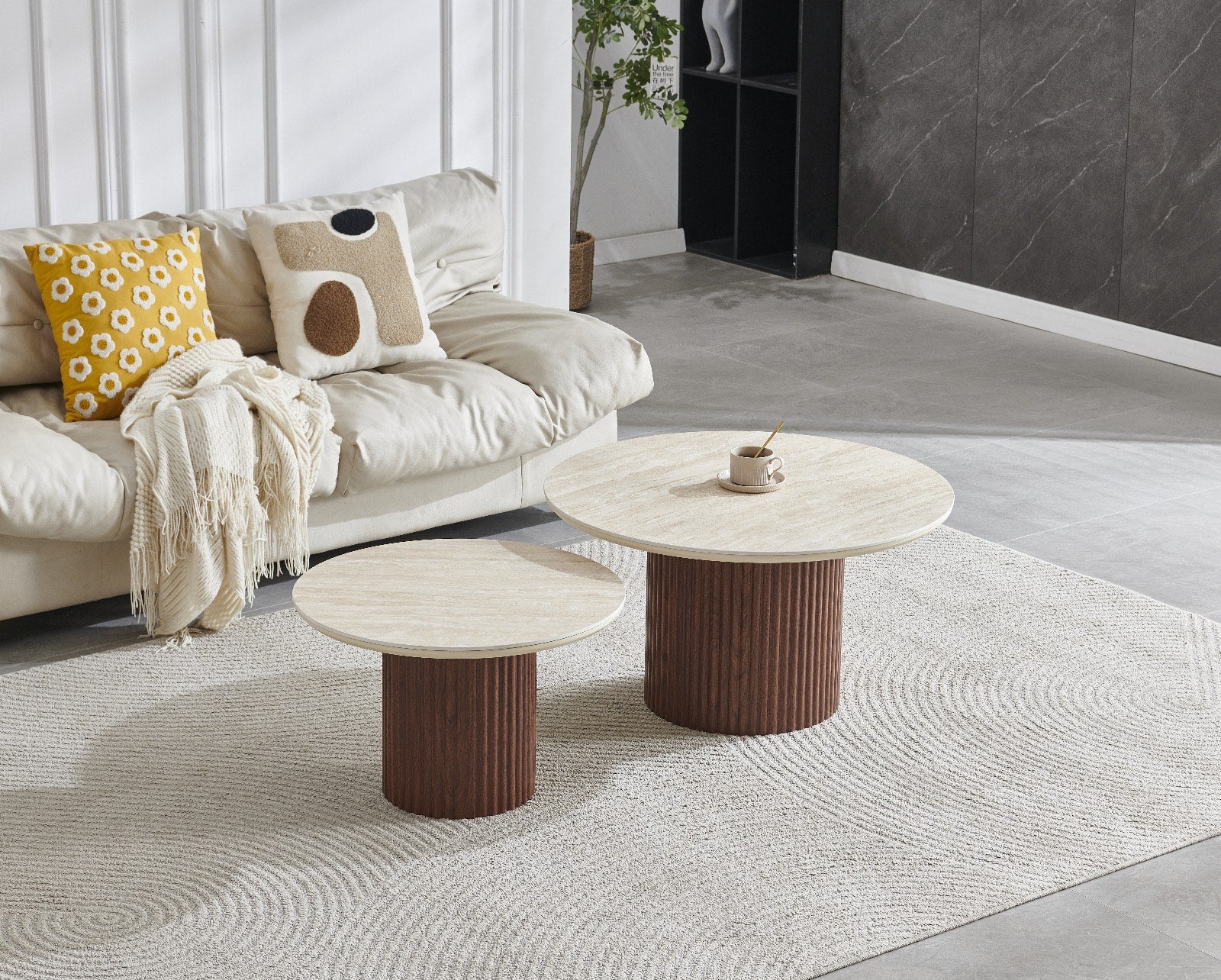 TABLE BASSE GIGOGNE CALYPSO EFFET TRAVERTIN / PIEDS NOYER