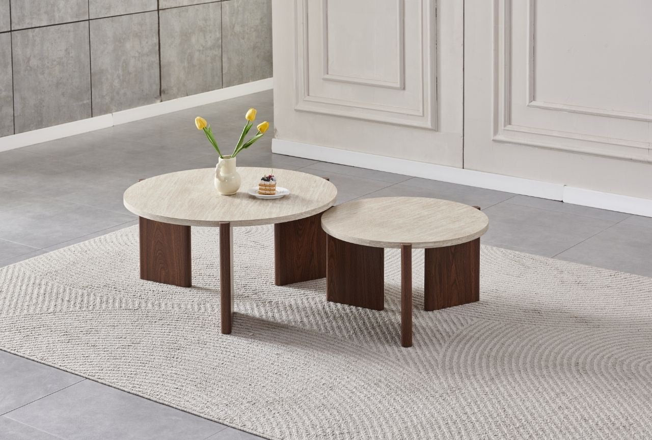 TABLE BASSE GIGOGNE ZORA EFFET TRAVERTIN / PIEDS NOYER