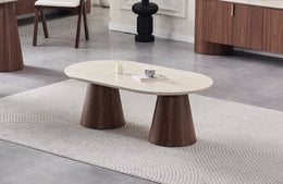 TABLE BASSE ICONIC EFFET TRAVERTIN / PIEDS NOYER