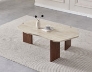 TABLE BASSE ZORA EFFET TRAVERTIN / PIEDS NOYER