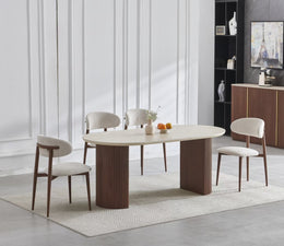 TABLE REPAS CALYPSO EFFET TRAVERTIN / PIEDS NOYER