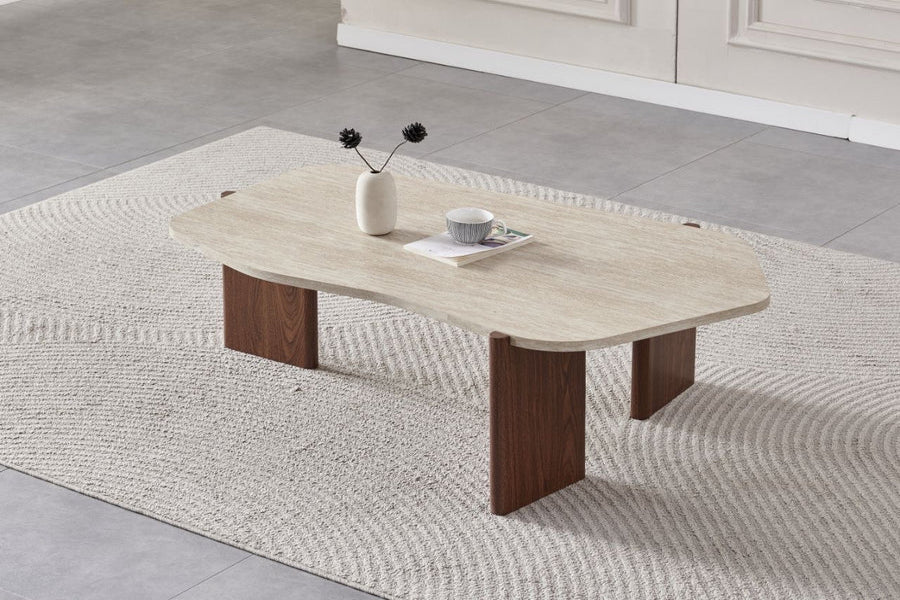 TABLE BASSE ZORA EFFET TRAVERTIN / PIEDS NOYER