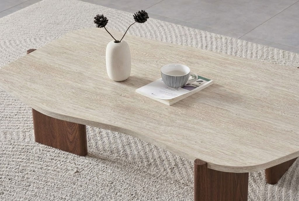 TABLE BASSE ZORA EFFET TRAVERTIN / PIEDS NOYER
